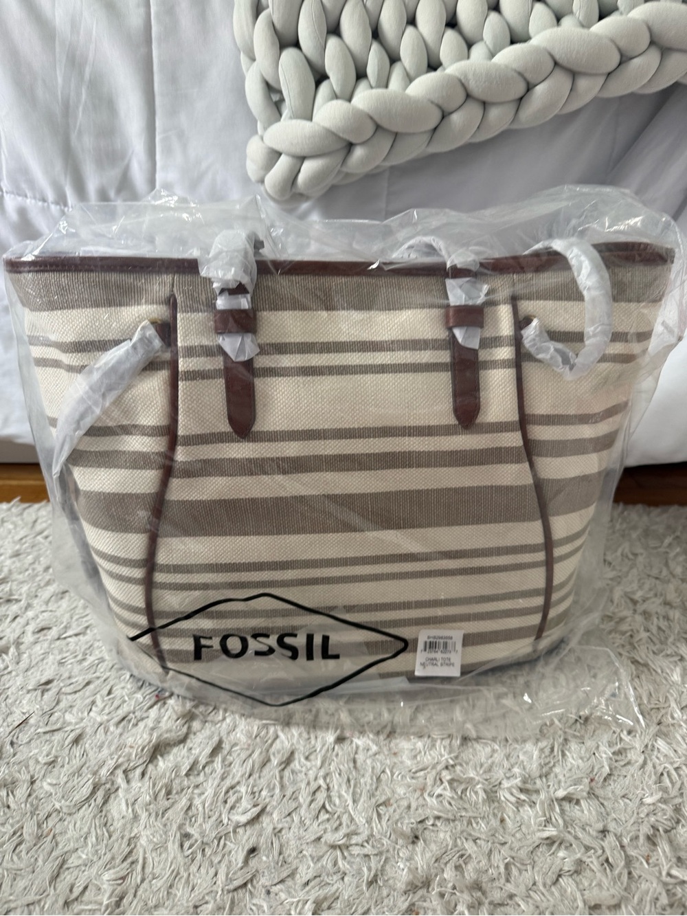 Fossil Beige and Brown Striped Canvas Tote